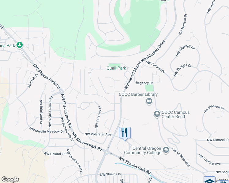map of restaurants, bars, coffee shops, grocery stores, and more near 2645 Northwest Sky Vista Court in Bend