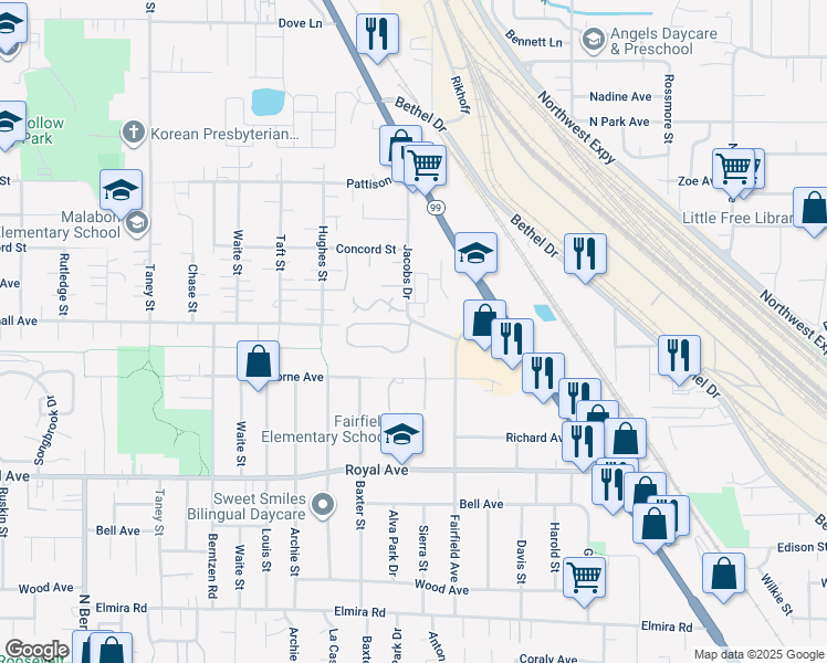 map of restaurants, bars, coffee shops, grocery stores, and more near 3410 Jacobs Lane in Eugene
