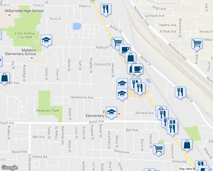 map of restaurants, bars, coffee shops, grocery stores, and more near 1160 Jacobs Drive in Eugene