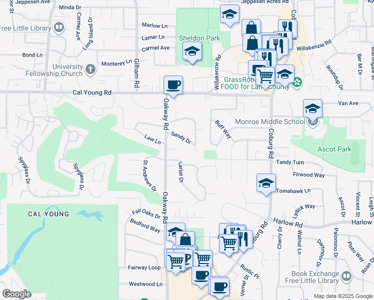 map of restaurants, bars, coffee shops, grocery stores, and more near 2226 Sandy Drive in Eugene