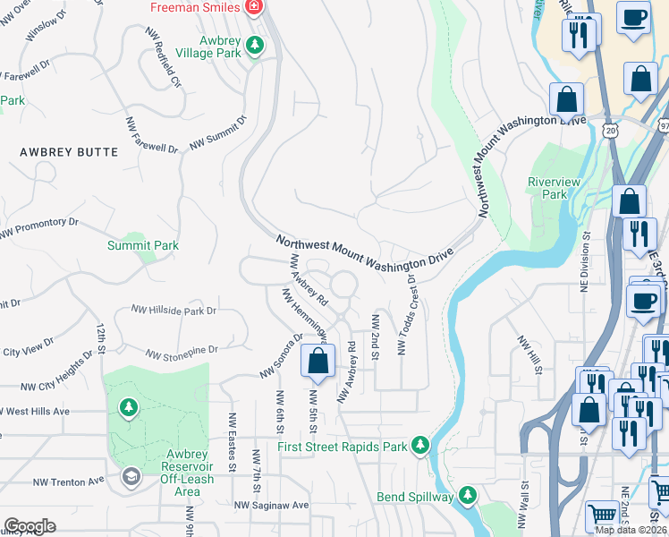 map of restaurants, bars, coffee shops, grocery stores, and more near 2598 North West Awbrey Point Circle in Bend