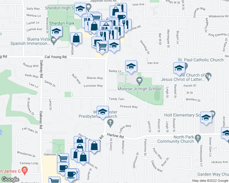 map of restaurants, bars, coffee shops, grocery stores, and more near 2768 Mallory Lane in Eugene