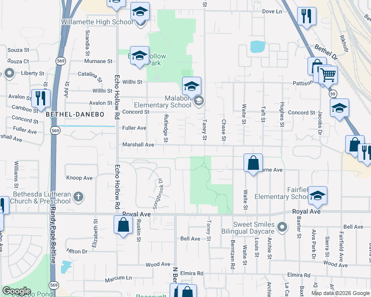 map of restaurants, bars, coffee shops, grocery stores, and more near 3970 Marshall Avenue in Eugene