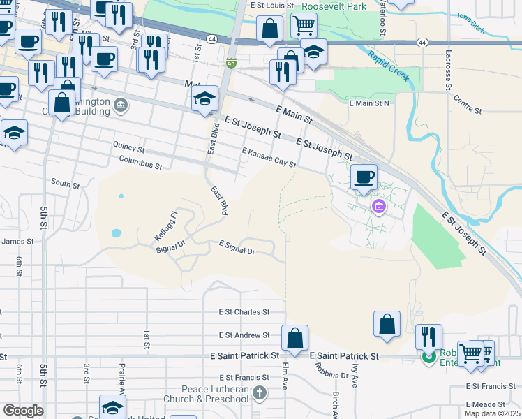 map of restaurants, bars, coffee shops, grocery stores, and more near 1230 Estes Park in Rapid City
