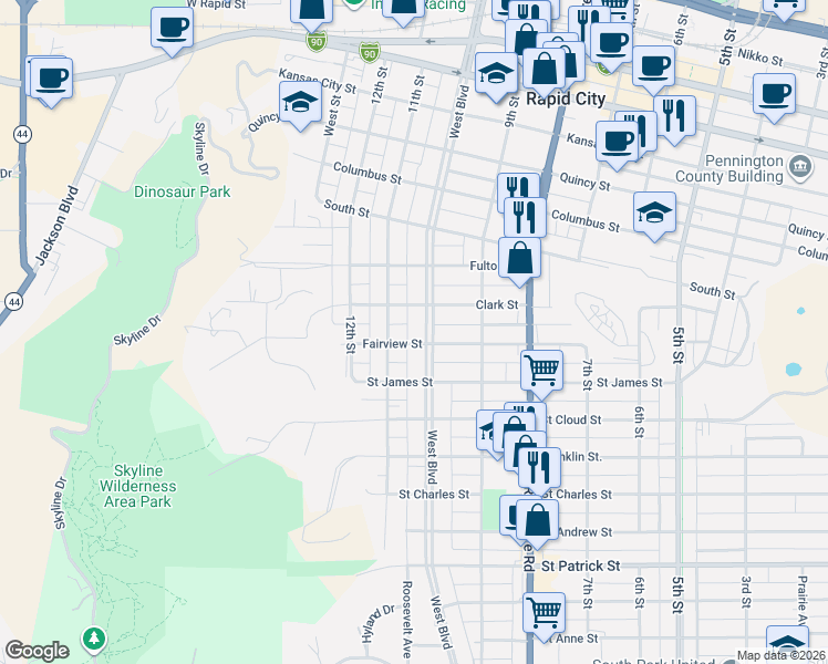 map of restaurants, bars, coffee shops, grocery stores, and more near 1017 Clark Street in Rapid City
