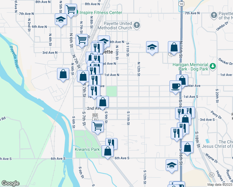 map of restaurants, bars, coffee shops, grocery stores, and more near 24 South 10th Street in Payette