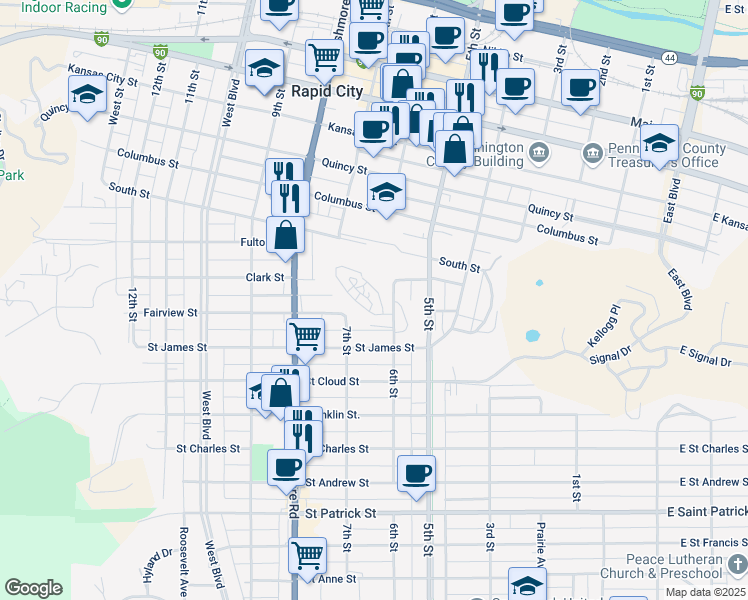 map of restaurants, bars, coffee shops, grocery stores, and more near 1211 6th Street in Rapid City