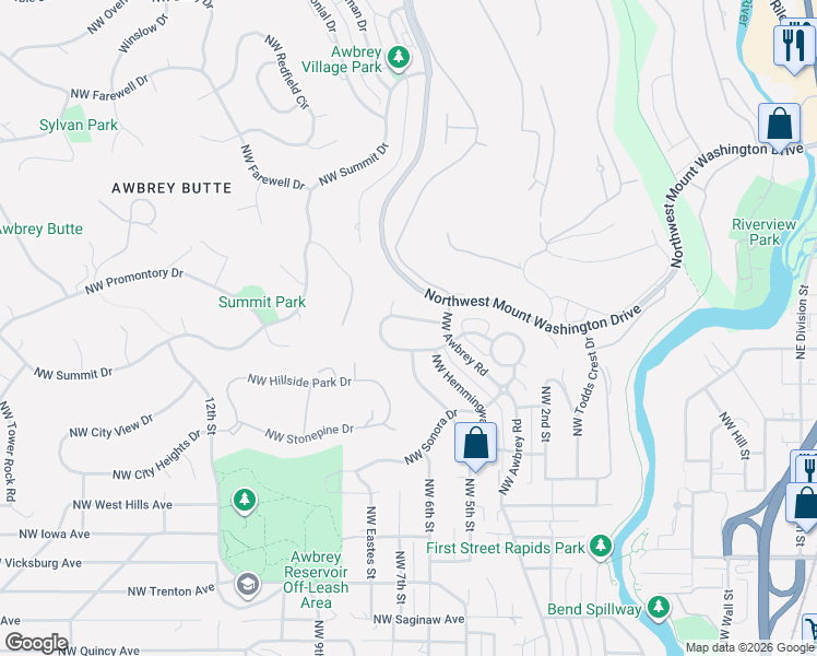 map of restaurants, bars, coffee shops, grocery stores, and more near 2602 North West Pilot View Court in Bend