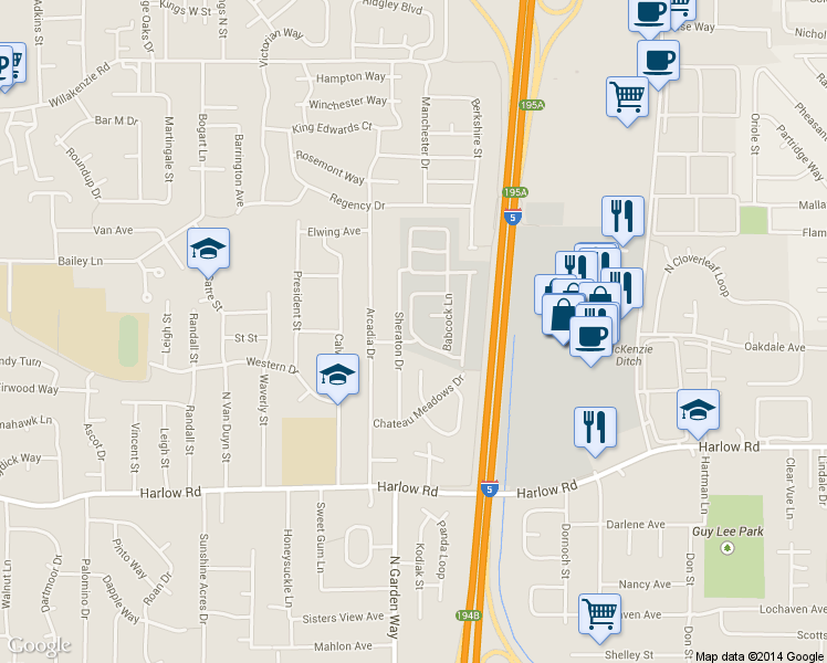 map of restaurants, bars, coffee shops, grocery stores, and more near 3700 Babcock Lane in Eugene
