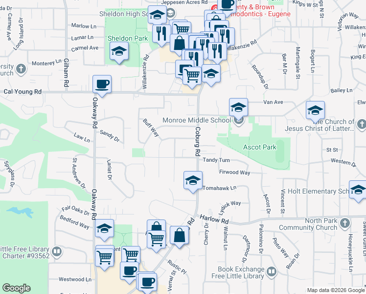 map of restaurants, bars, coffee shops, grocery stores, and more near 2668 Forrester Way in Eugene