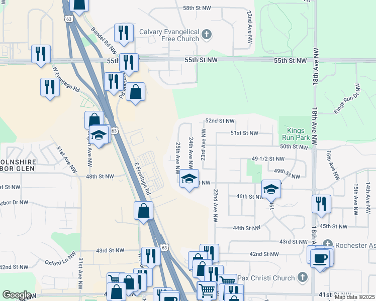 map of restaurants, bars, coffee shops, grocery stores, and more near 5003 24th Avenue Northwest in Rochester