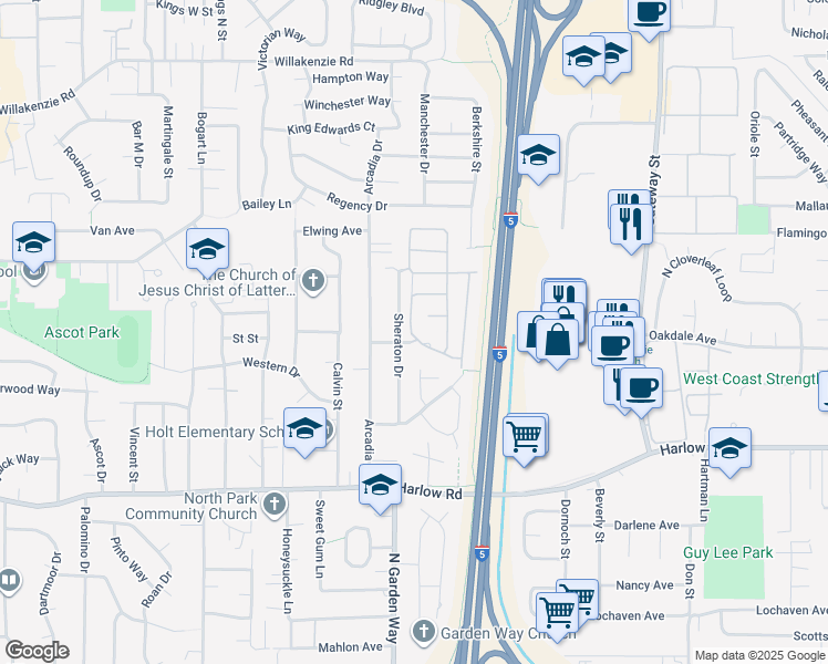 map of restaurants, bars, coffee shops, grocery stores, and more near 3700 Babcock Lane in Eugene