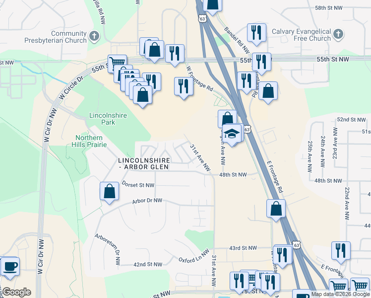 map of restaurants, bars, coffee shops, grocery stores, and more near 4937 31st Avenue Northwest in Rochester