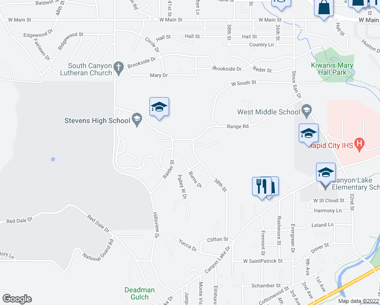 map of restaurants, bars, coffee shops, grocery stores, and more near 1205 38th Street in Rapid City