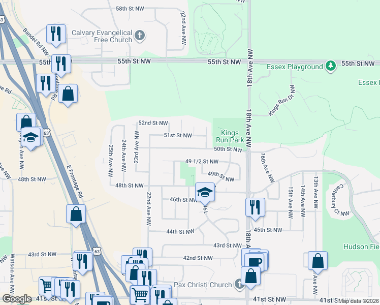 map of restaurants, bars, coffee shops, grocery stores, and more near 2025 50th Street Northwest in Rochester
