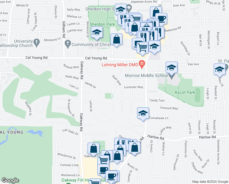 map of restaurants, bars, coffee shops, grocery stores, and more near 1033 Sharon Way in Eugene