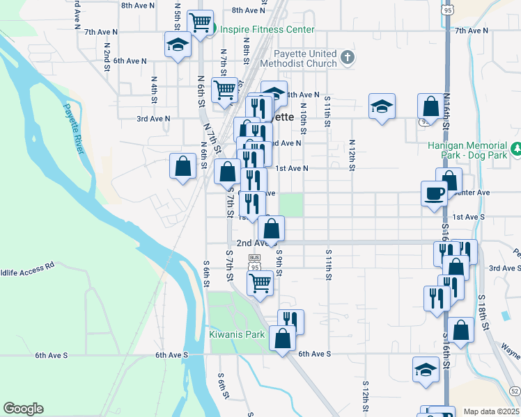 map of restaurants, bars, coffee shops, grocery stores, and more near 10 South 9th Street in Payette