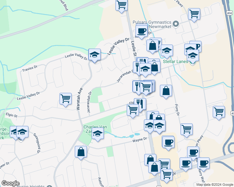map of restaurants, bars, coffee shops, grocery stores, and more near 1005 Janette Street in Newmarket