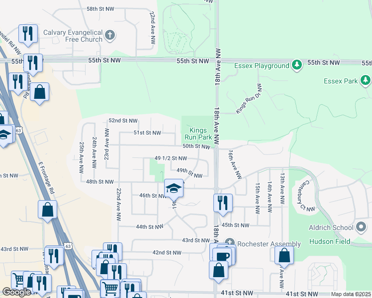 map of restaurants, bars, coffee shops, grocery stores, and more near 1932 50th Street Northwest in Rochester