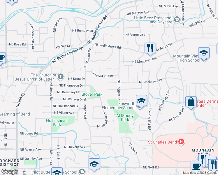 map of restaurants, bars, coffee shops, grocery stores, and more near 1751 Northeast Sonya Court in Bend