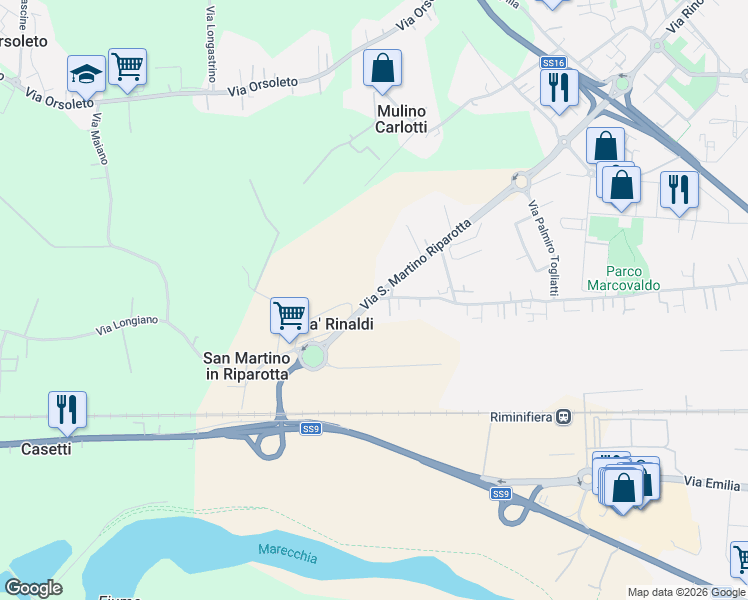 map of restaurants, bars, coffee shops, grocery stores, and more near 18 Via San Martino in Riparotta in Provincia di Rimini