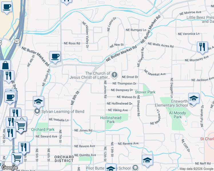 map of restaurants, bars, coffee shops, grocery stores, and more near 1205 Northeast Thompson Drive in Bend