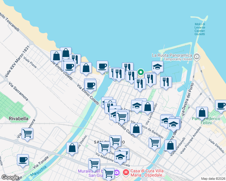 map of restaurants, bars, coffee shops, grocery stores, and more near 5 Viale Cesare Nicolini in Rimini