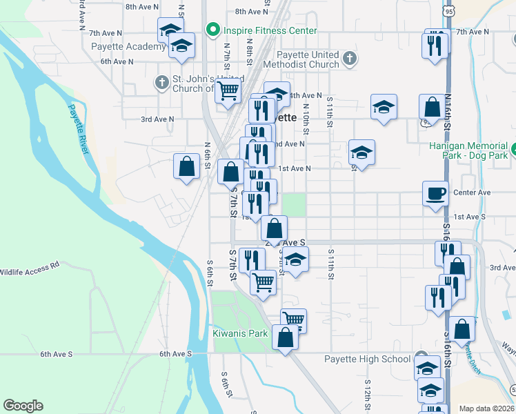 map of restaurants, bars, coffee shops, grocery stores, and more near 14 South Main Street in Payette
