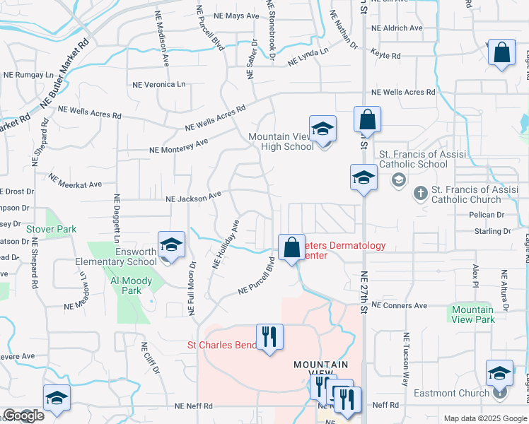 map of restaurants, bars, coffee shops, grocery stores, and more near 2339 Northeast Holliday Avenue in Bend