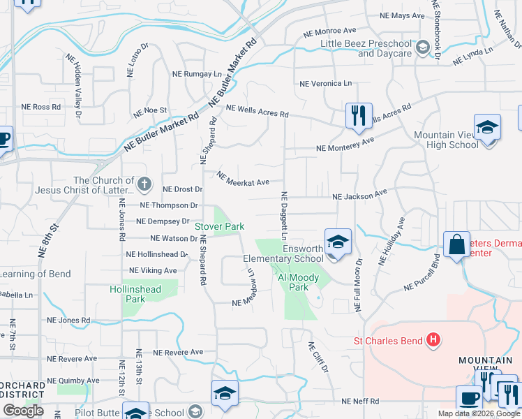 map of restaurants, bars, coffee shops, grocery stores, and more near 1751 Northeast Sonya Court in Bend