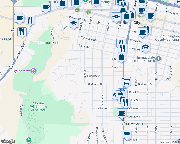 map of restaurants, bars, coffee shops, grocery stores, and more near 1215 11th Street in Rapid City
