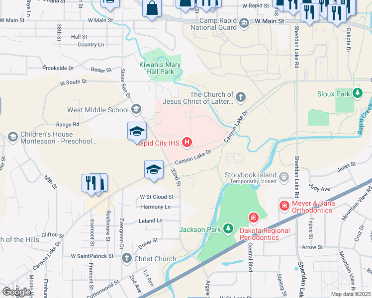 map of restaurants, bars, coffee shops, grocery stores, and more near 3200 Canyon Lake Drive in Rapid City