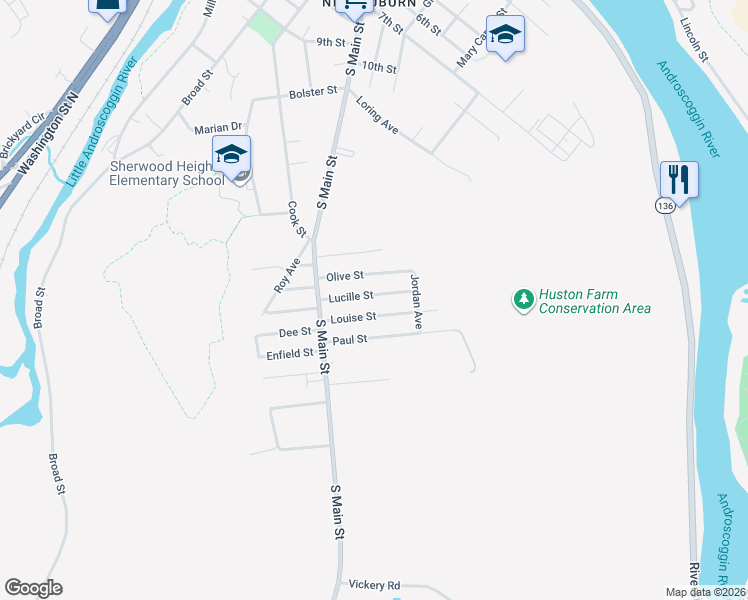 map of restaurants, bars, coffee shops, grocery stores, and more near 45 Lucille Street in Auburn
