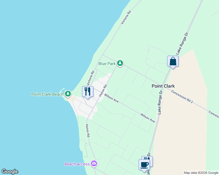 map of restaurants, bars, coffee shops, grocery stores, and more near 284 Huron Road in Ripley