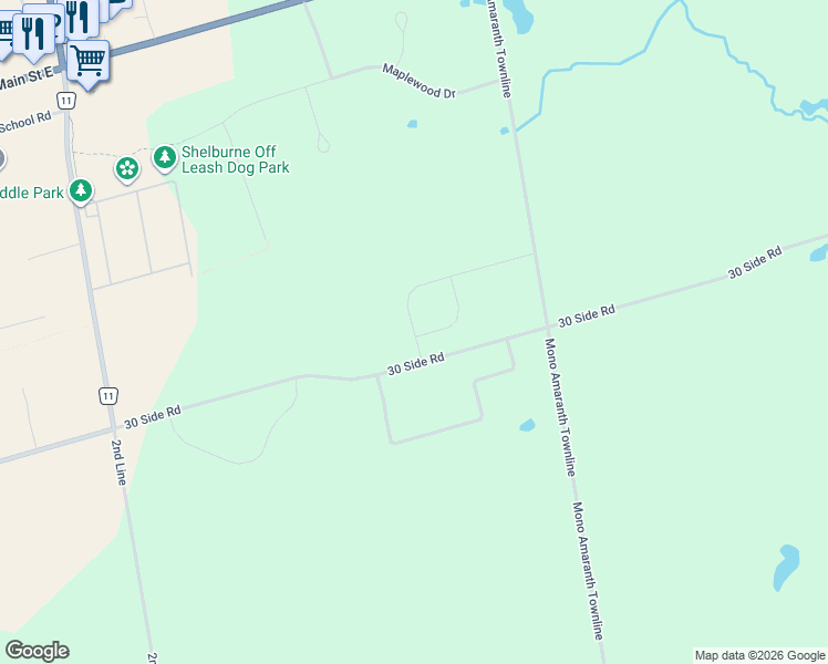 map of restaurants, bars, coffee shops, grocery stores, and more near Private Berry Drive in Dufferin County