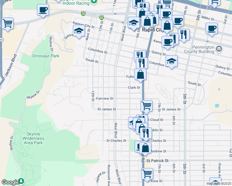 map of restaurants, bars, coffee shops, grocery stores, and more near West Boulevard in Rapid City