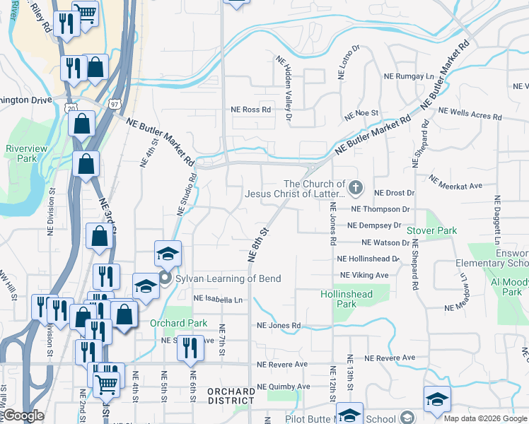 map of restaurants, bars, coffee shops, grocery stores, and more near 2531 Northeast Ravenwood Drive in Bend