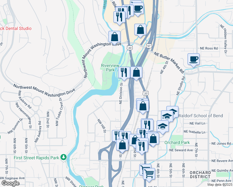 map of restaurants, bars, coffee shops, grocery stores, and more near 2445 Northeast Division Street in Bend