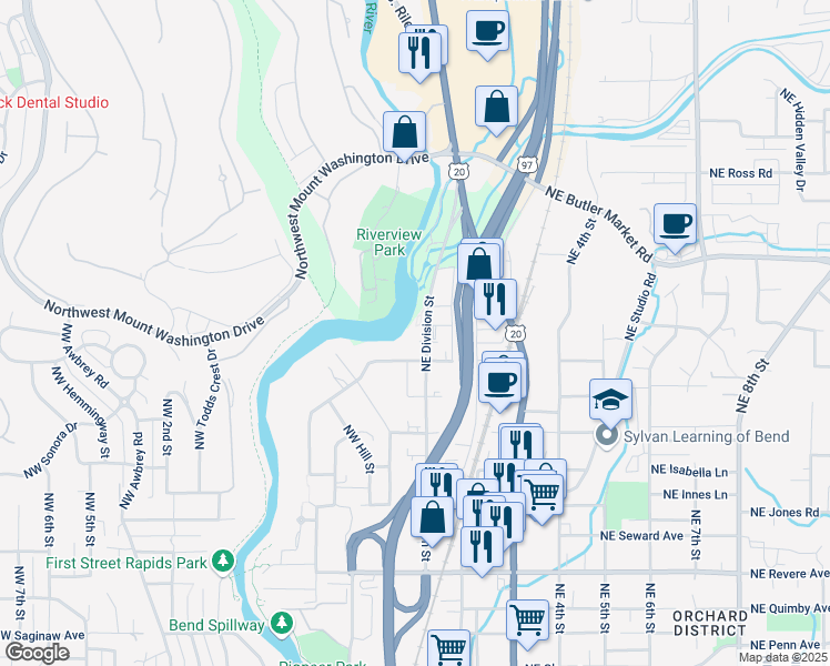 map of restaurants, bars, coffee shops, grocery stores, and more near 2445 Northeast Division Street in Bend
