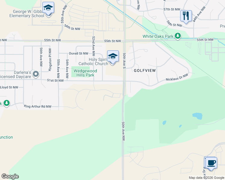 map of restaurants, bars, coffee shops, grocery stores, and more near 5102 51st Street Northwest in Rochester
