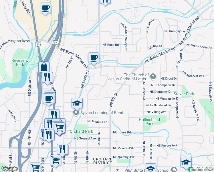 map of restaurants, bars, coffee shops, grocery stores, and more near 2490 Northeast Keats Drive in Bend