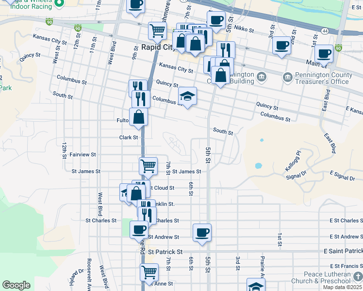 map of restaurants, bars, coffee shops, grocery stores, and more near 1211 6th Street in Rapid City
