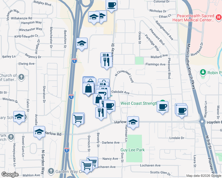 map of restaurants, bars, coffee shops, grocery stores, and more near 990 North Cloverleaf Loop in Springfield