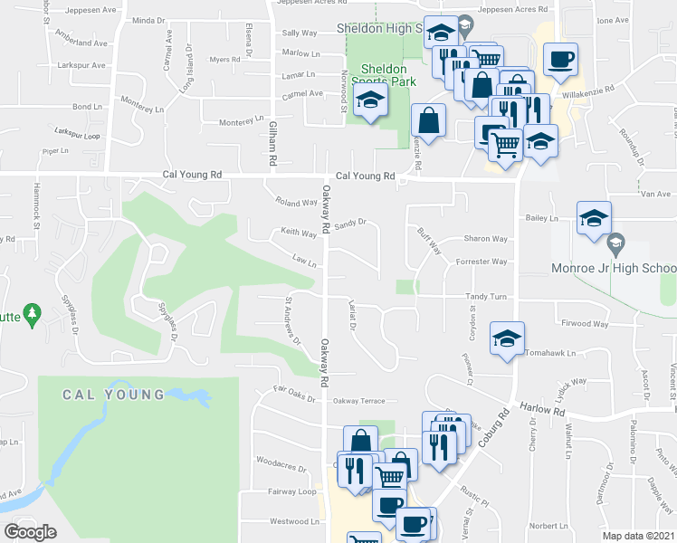 map of restaurants, bars, coffee shops, grocery stores, and more near 1097 Oakway Road in Eugene