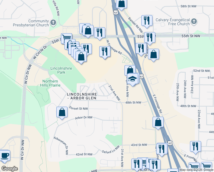 map of restaurants, bars, coffee shops, grocery stores, and more near 4937 31st Avenue Northwest in Rochester