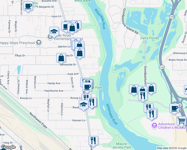 map of restaurants, bars, coffee shops, grocery stores, and more near 753 Stephens Drive in Eugene