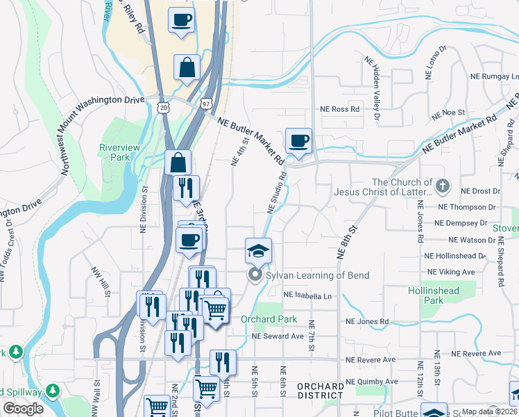 map of restaurants, bars, coffee shops, grocery stores, and more near 2444 NE 5th St in Bend