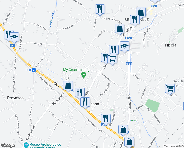 map of restaurants, bars, coffee shops, grocery stores, and more near 65 Via Madonnina in Casano