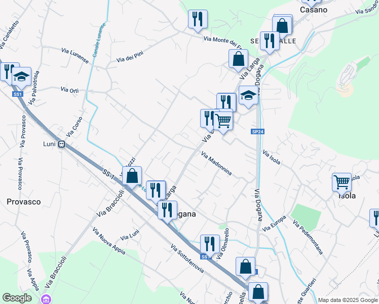 map of restaurants, bars, coffee shops, grocery stores, and more near 57 Via Madonnina in Casano