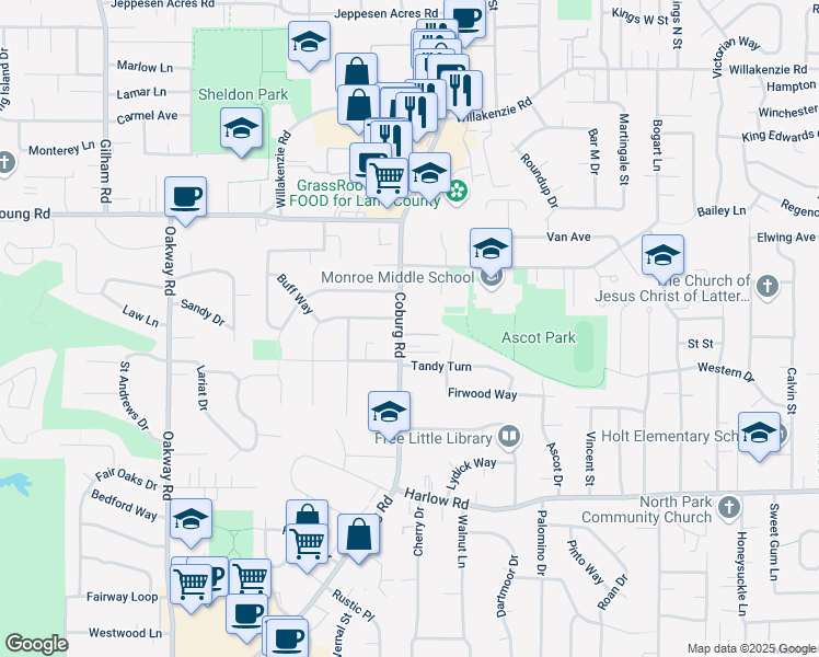 map of restaurants, bars, coffee shops, grocery stores, and more near 1073 Coburg Road in Eugene